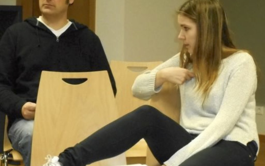 Timothy Lone (Walter) and Sarah Lamesch (Erika) rehearsing DO YOU WANT TO KNOW A SECRET?